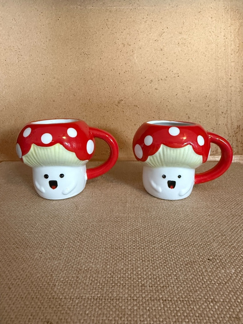 Cute Red & White Mushroom Face Ceramic Mugs - Set of 2